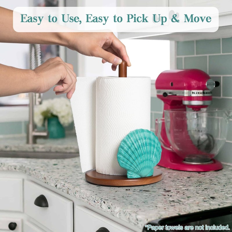 YLOVAN Seashell Paper Towel Holder - Teal Kitchen Beach House Decor Ocean Themed Decor Coastal Gifts for Women Cute Counter Paper Towel Holder Stand Wood Unique Funny Nautical Countertop Decorative Sea Shell - Image 2